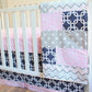 Baby Girl Crib bedding set.  Navy Blue, Pink, Gray, Bumperless baby bedding set
