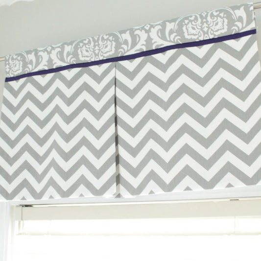 Custom Box Pleat valance. Gray Chevron Damask with Accent navy.  Other Colors available.