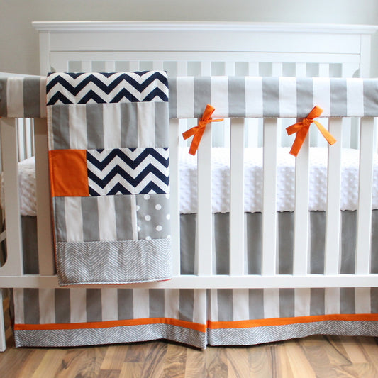 Gray and Orange Navy Stripe Bumperless Crib Bedding Set