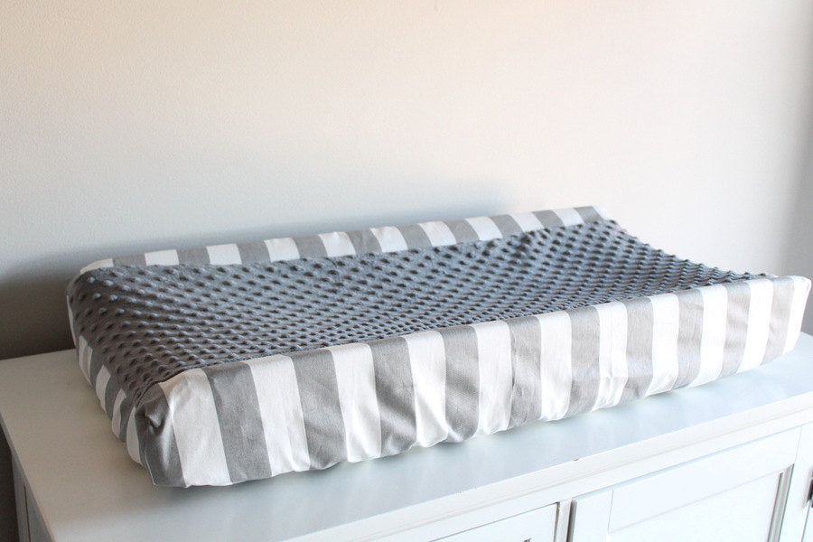 Gray & white stripe with accent gray minky Contour Changing pad cover.