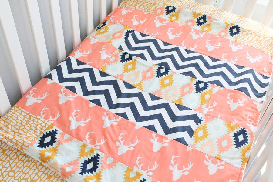 Clearance. Quilt, crib sheet and nursery pillow 3 Piece baby girl crib set. Woodland Aztec deer coral, navy, mint girl crib baby bedding.