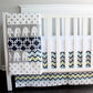 IN STOCK. Bumperless Baby Crib bedding. Navy, Gray Elephant, chevron, polka dot crib set.