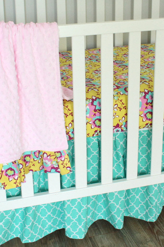 3 PC Set Floral Girl Turquoise pink  bumperless crib bedding set.  In Stock