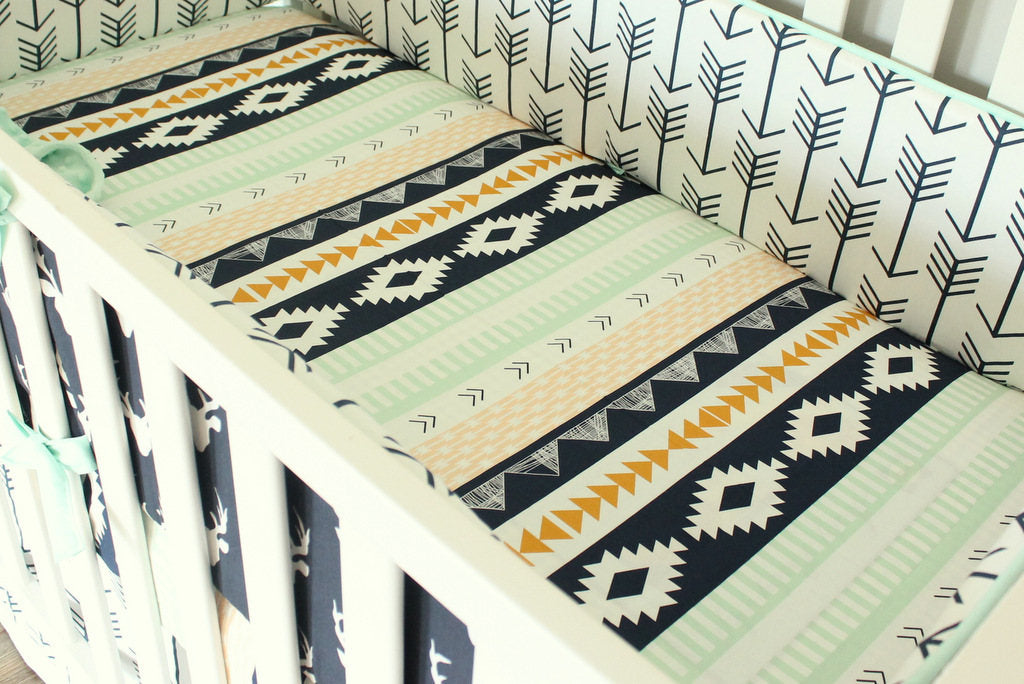 Navy Mint Buck Crib bedding. Woodland tribal Aztec Buck crib bumper bo Baby Milan