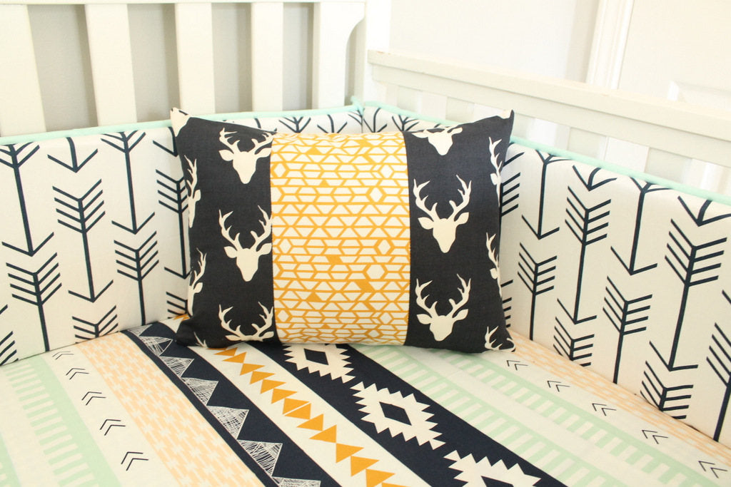 Navy Mint Buck Crib bedding. Woodland tribal Aztec Buck crib