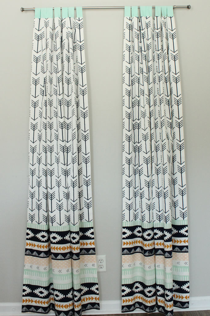 Navy and Mint Arrow Tribal Woodland print Tab Top Panels.