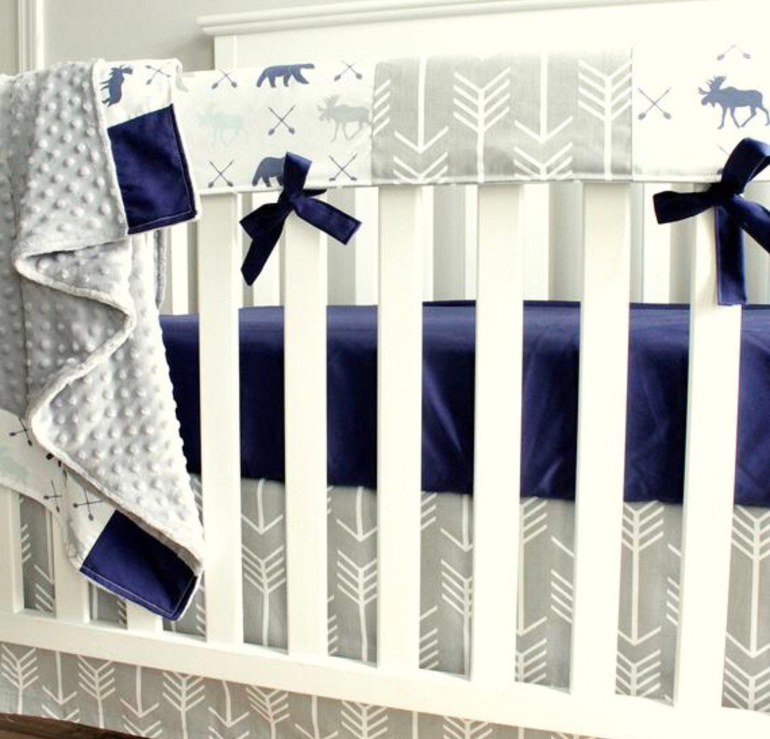 Navy Gray and Mint Woodland Moose Bear Baby Boy Crib Bedding