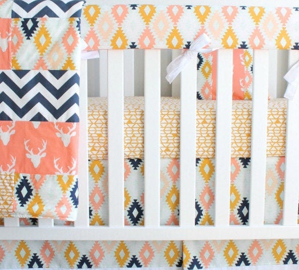 Clearance. Quilt, crib sheet and nursery pillow 3 Piece baby girl crib set. Woodland Aztec deer coral, navy, mint girl crib baby bedding.