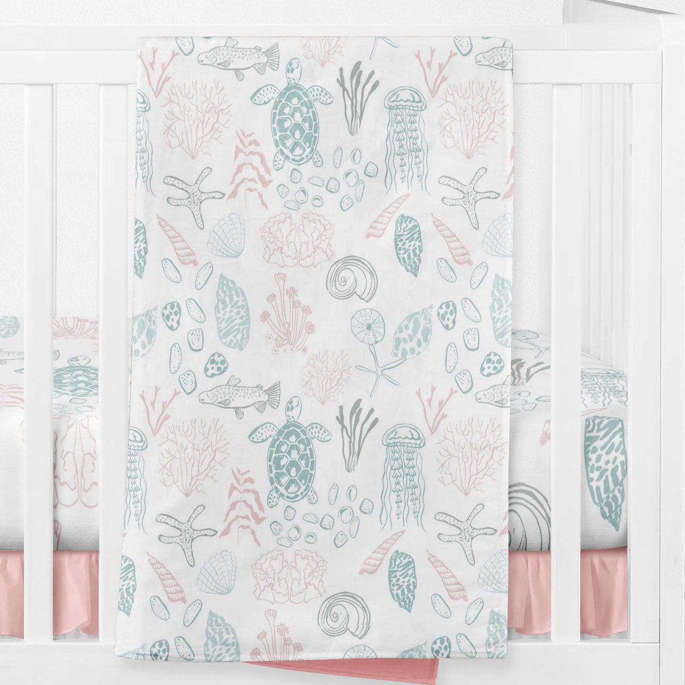 Under the Sea Nursery Baby Crib Bedding Pink Aqua FishTurtle shell Nursery Ruffled crib skirt Star fish