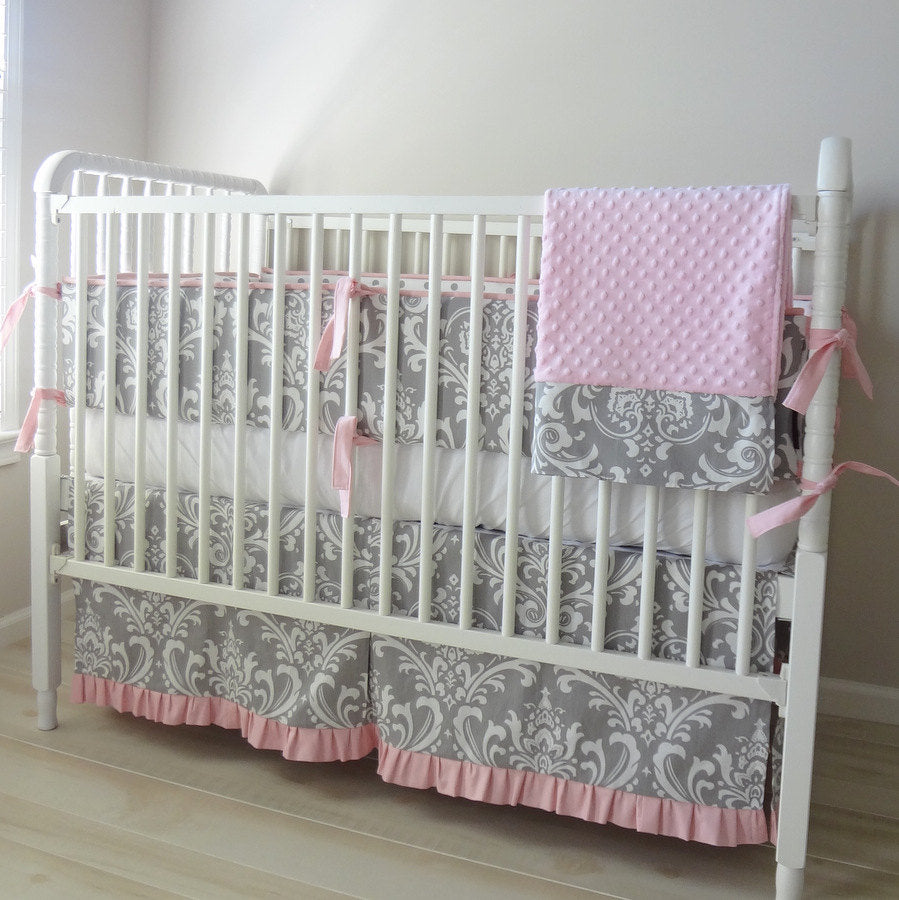 Pink and Gray Damask Crib baby bedding set