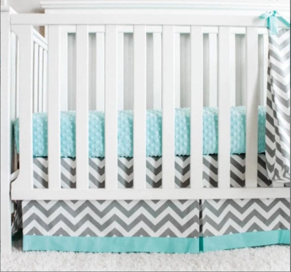 Baby crib bedding. Gray Chevron Aqua Crib girl boy Bedding Nursery