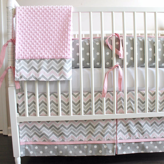 Pink and Gray Chevron  Crib baby bedding set