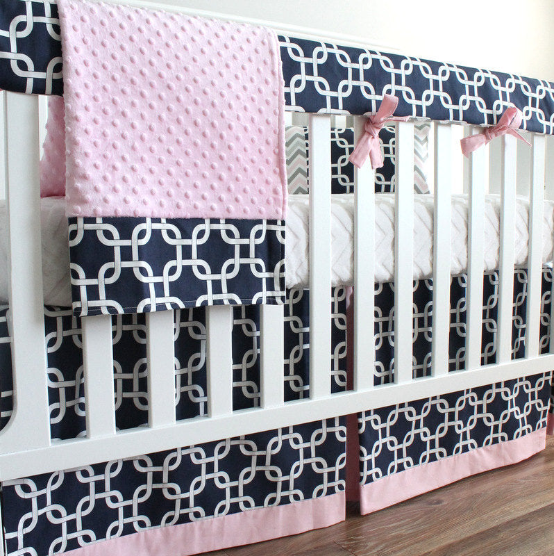 Navy Blue and Pink Girl Bumperless Crib bedding set