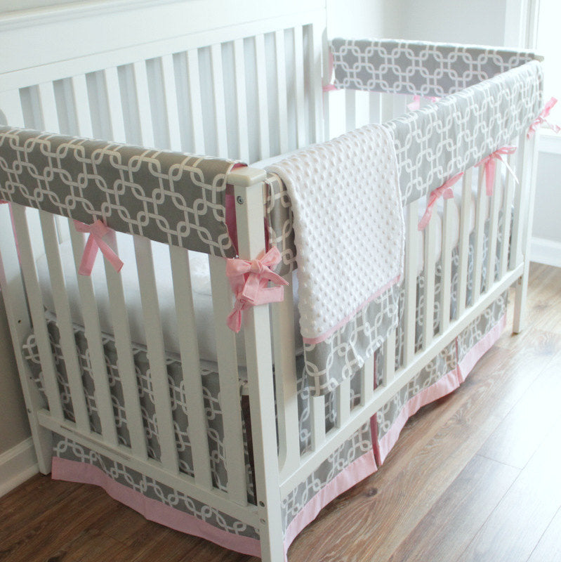 Bumperless Gray & Pink Gotcha Crib Rail Bedding set.