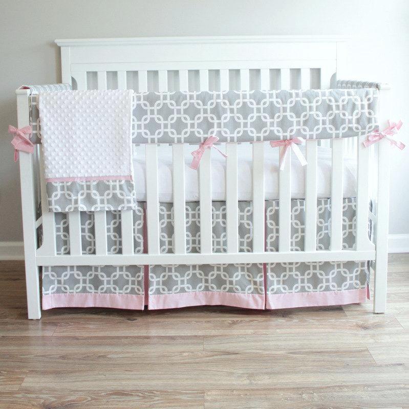 Bumperless Gray & Pink Gotcha Crib Rail Bedding set.