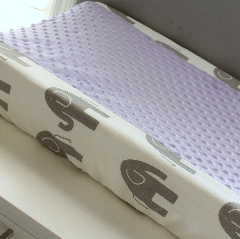Gray & White Ele with accent lavender minky Contour Changing pad cover.