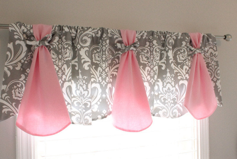 Custom Gray Damask Imperial window Valance. Available in other fabrics and colors.