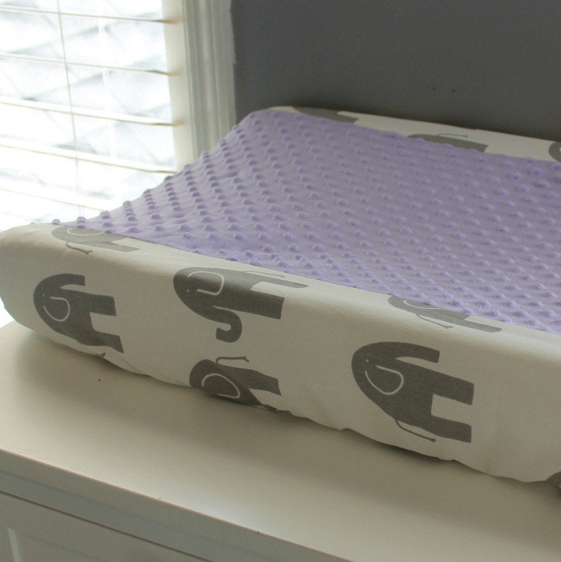 Gray & White Ele with accent lavender minky Contour Changing pad cover.