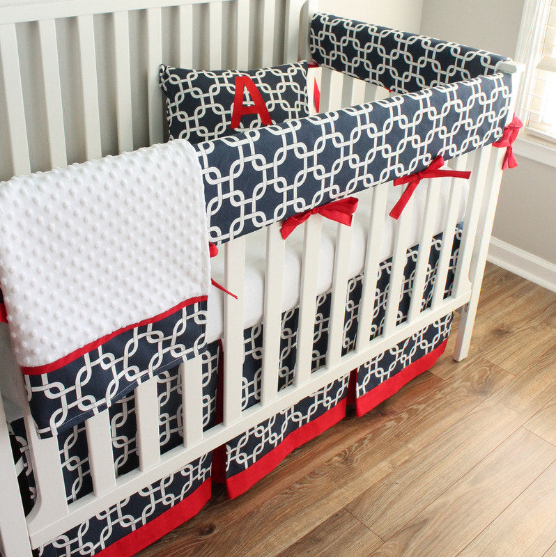 Navy Blue and Red Crib Rail Bedding Set