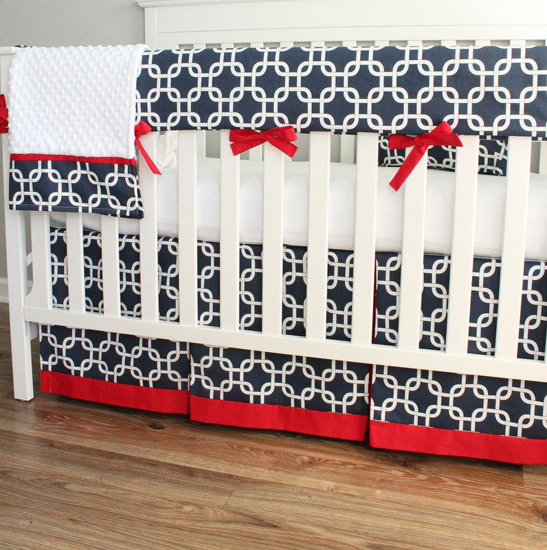 Navy Blue and Red Crib Rail Bedding Set