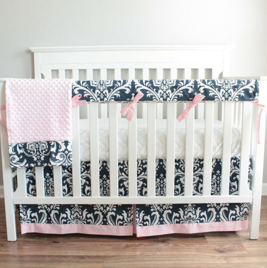 Navy Blue Damask and Pink Girl Bumperless Crib bedding set