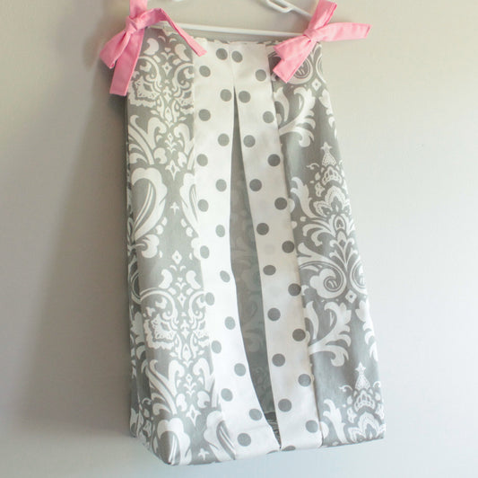 White and Gray Damask polka dot with accent pink Diaper Stacker holder