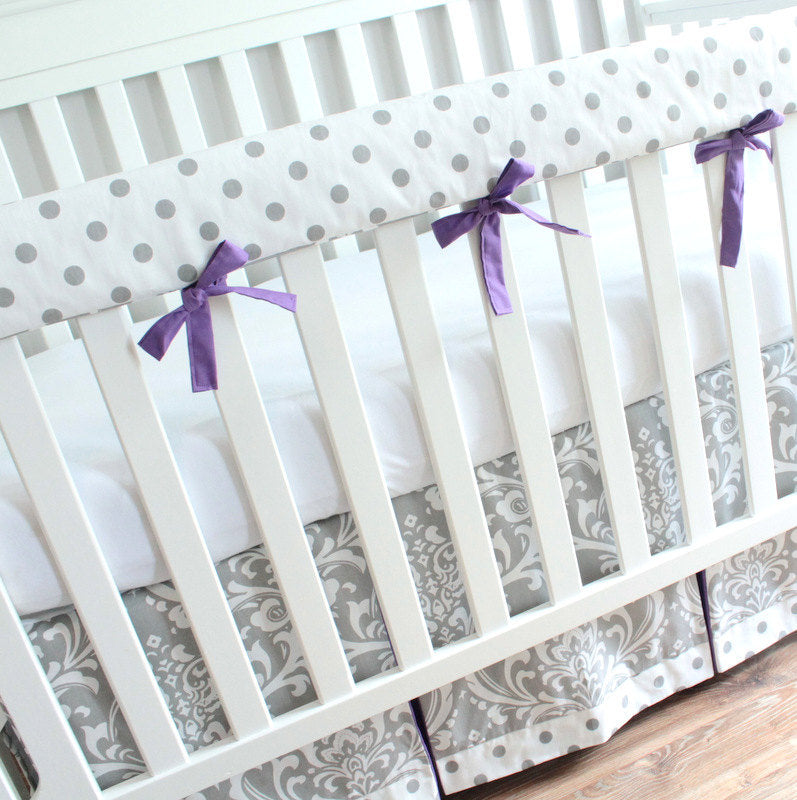 Gray & Purple Damask Crib Rail Bedding set.
