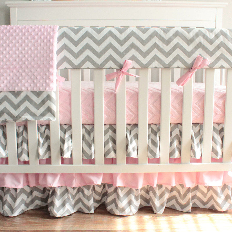 Gray Chevron Pink Bumperless Crib Rail Bedding Set