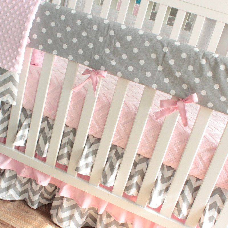 Gray Chevron Pink Bumperless Crib Rail Bedding Set