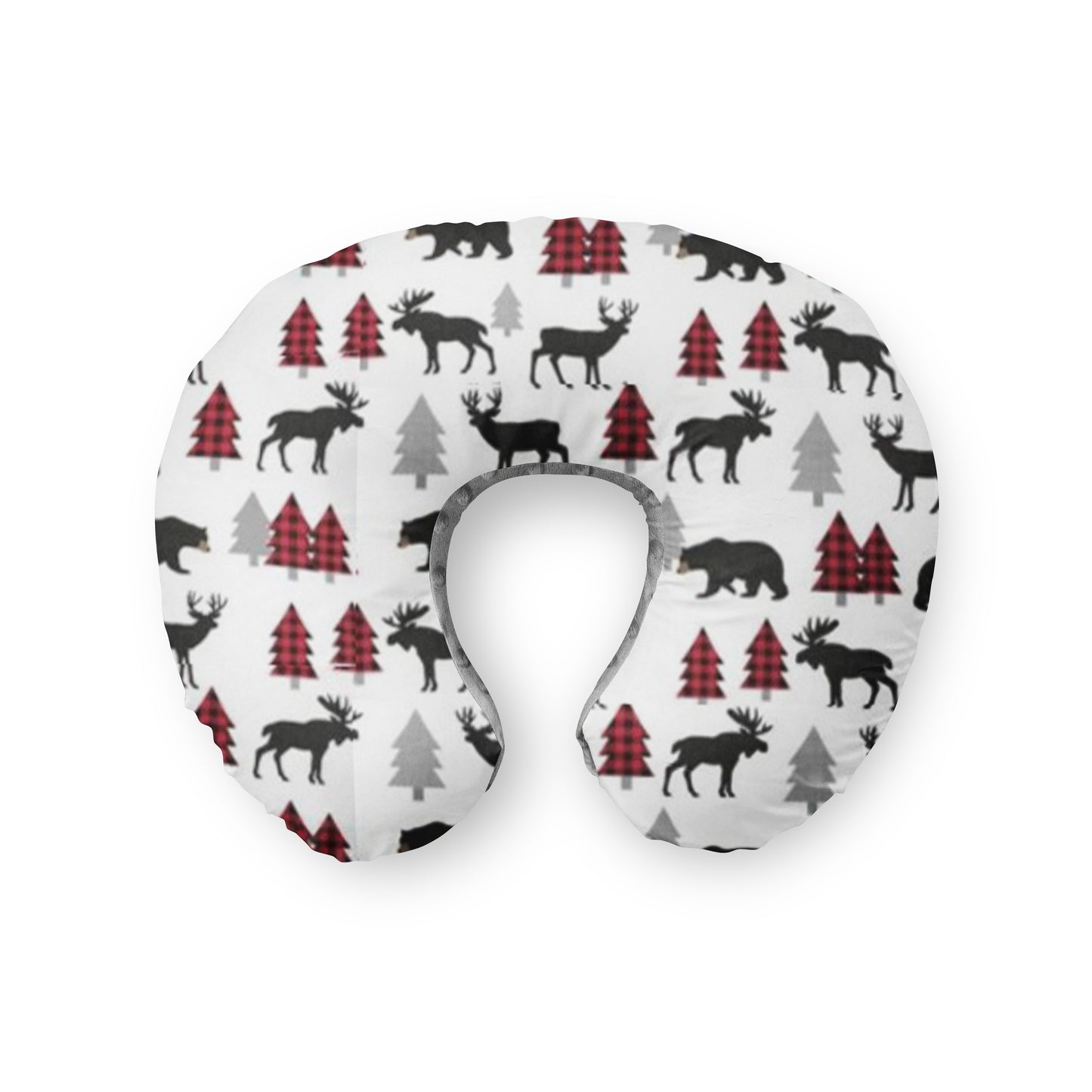 Nursing pillow cover. Moose Bear Woodland Pine Tree Buffalo Check Red Black baby nursery